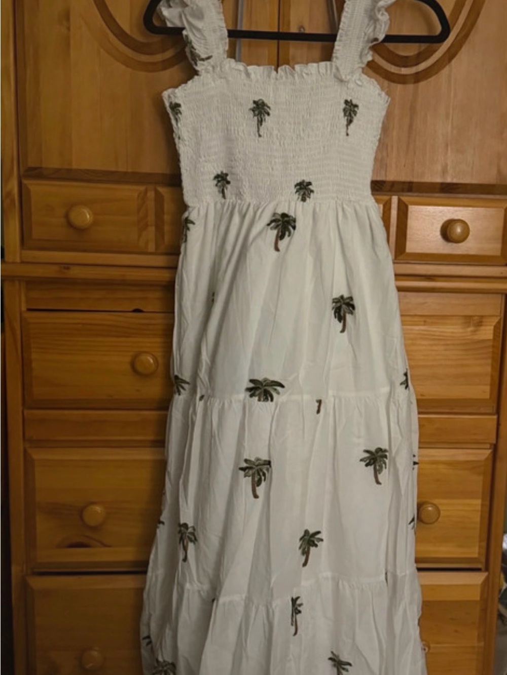 White Palm-Print Smocked Maxi Dress